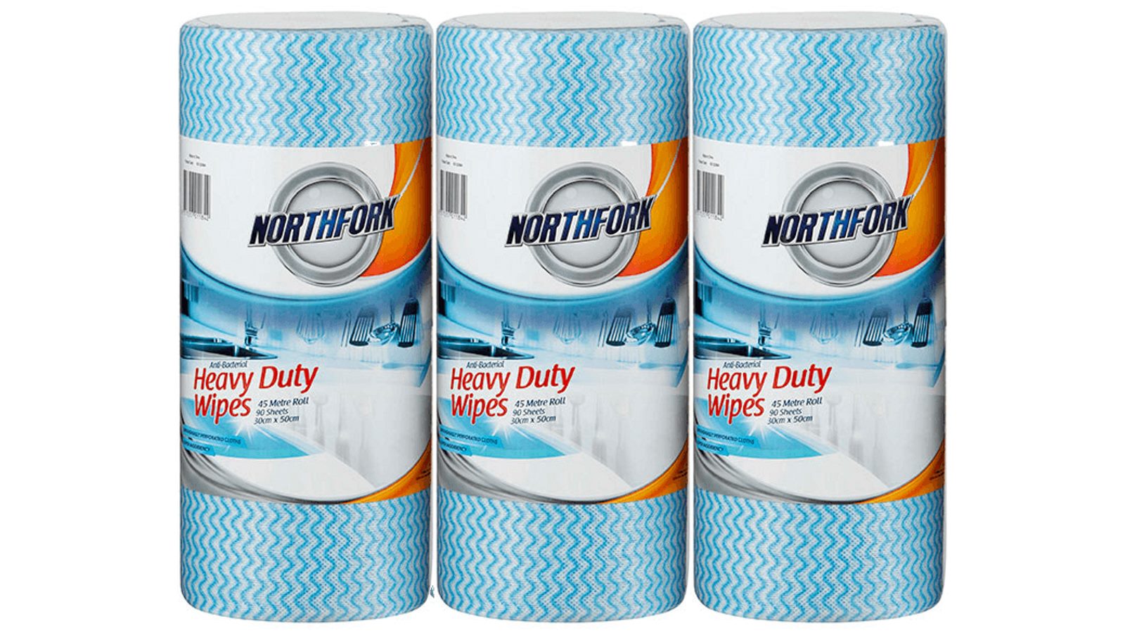 Northfork Pack of 3  Heavy Duty Antibacterial Perforated Wipes 45m Roll Blue Pack - 90 Sheets