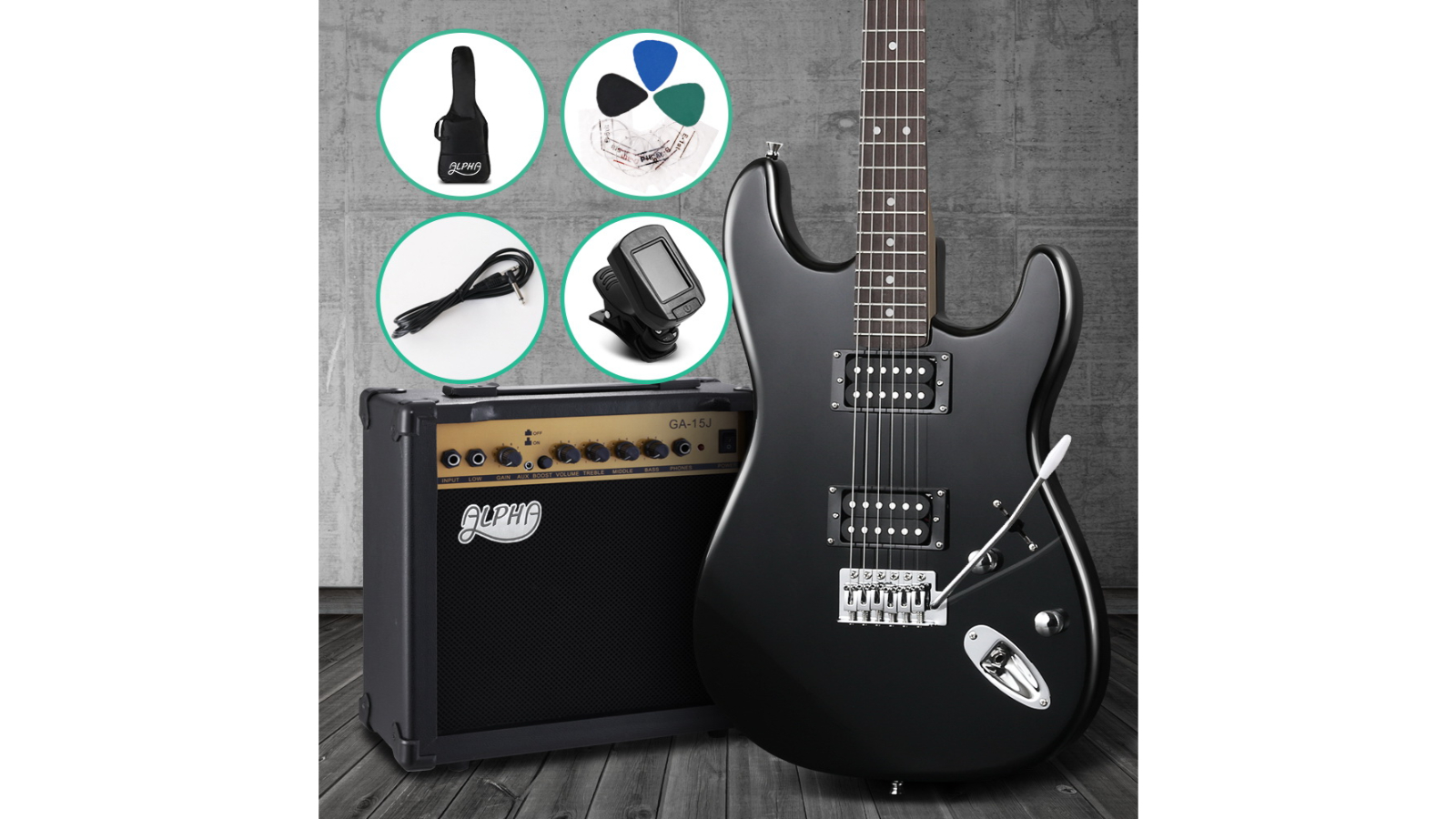 Alpha Electric Guitar with Amplifier Tuner Set - Black