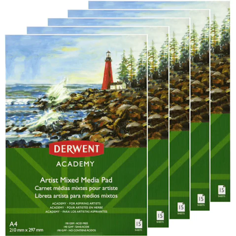 Derwent Pack of 5 A4 Academy Artist Mixed Media Pad Portrait - 15 Sheet