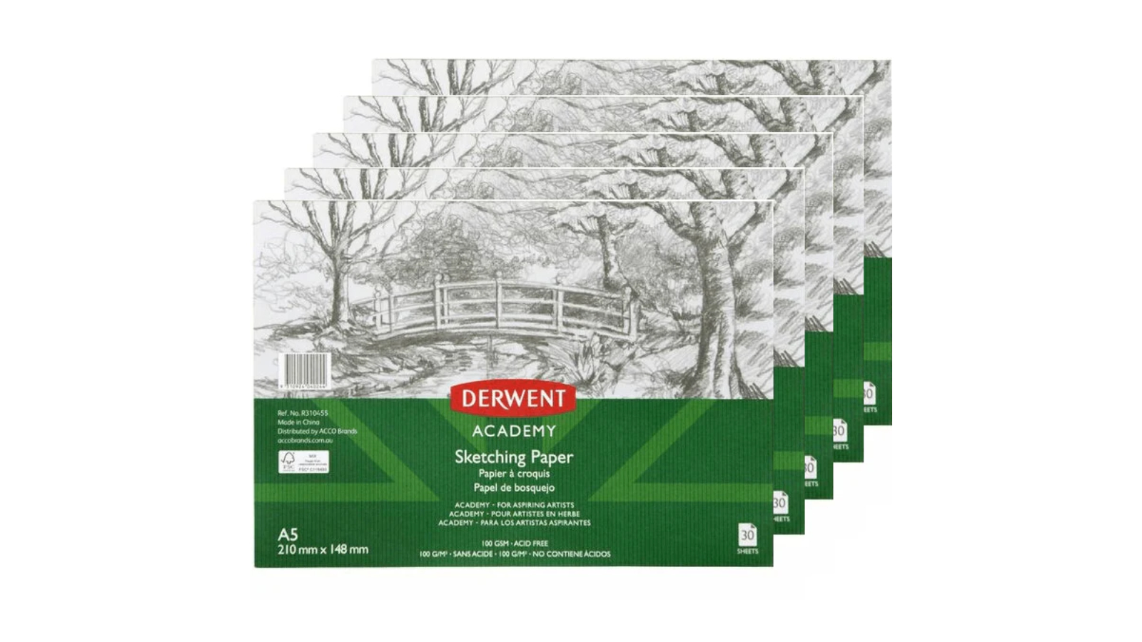 Derwent Pack of 5 A5 Academy Sketching Drawing Pad Landscape - 30 Sheet