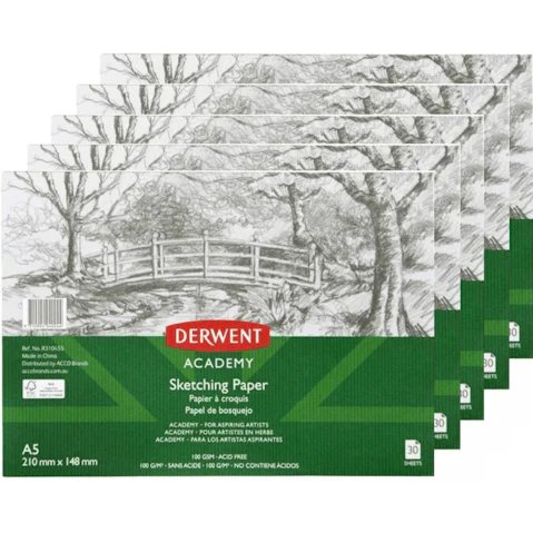 Derwent Pack of 5 A5 Academy Sketching Drawing Pad Landscape - 30 Sheet