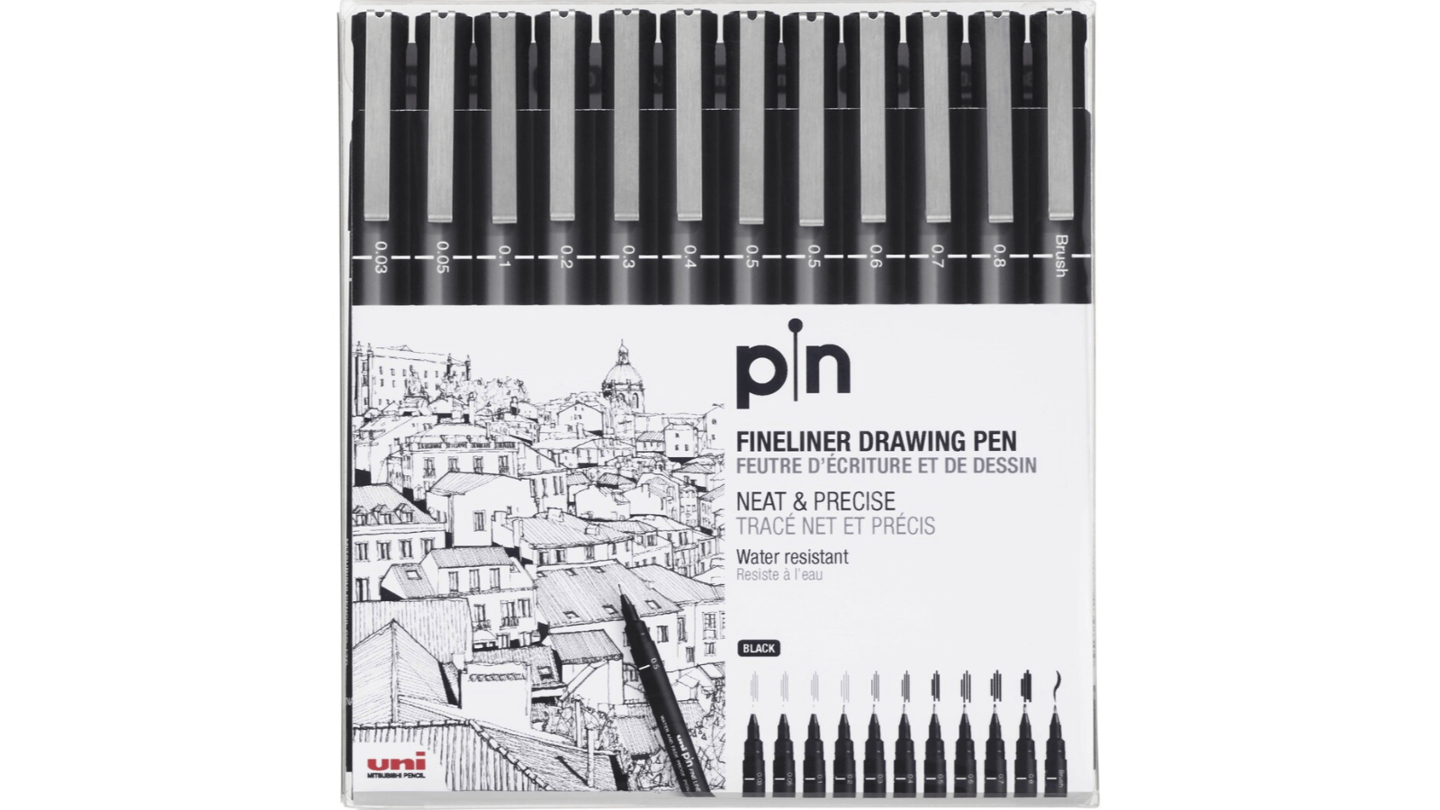 Uni-Ball Pack of 12 Assorted Nib 200 Pin Fineliner Drawing Felt Pen 