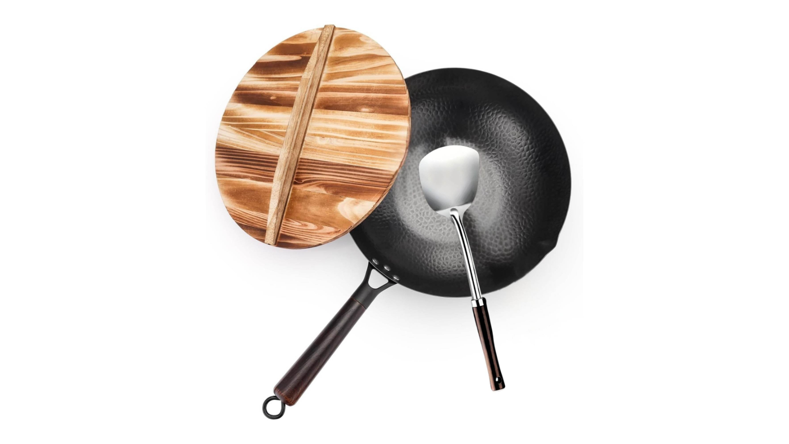 Kitchee Carbon Steel Wok with Wood Lid and Spatula - 32cm