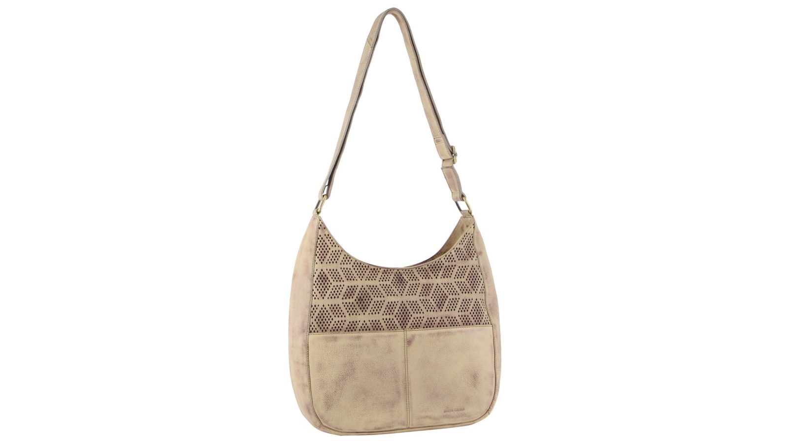 Pierre Cardin Womens Leather Perforated Cross-Body Bag with stud Detailing - Latte
