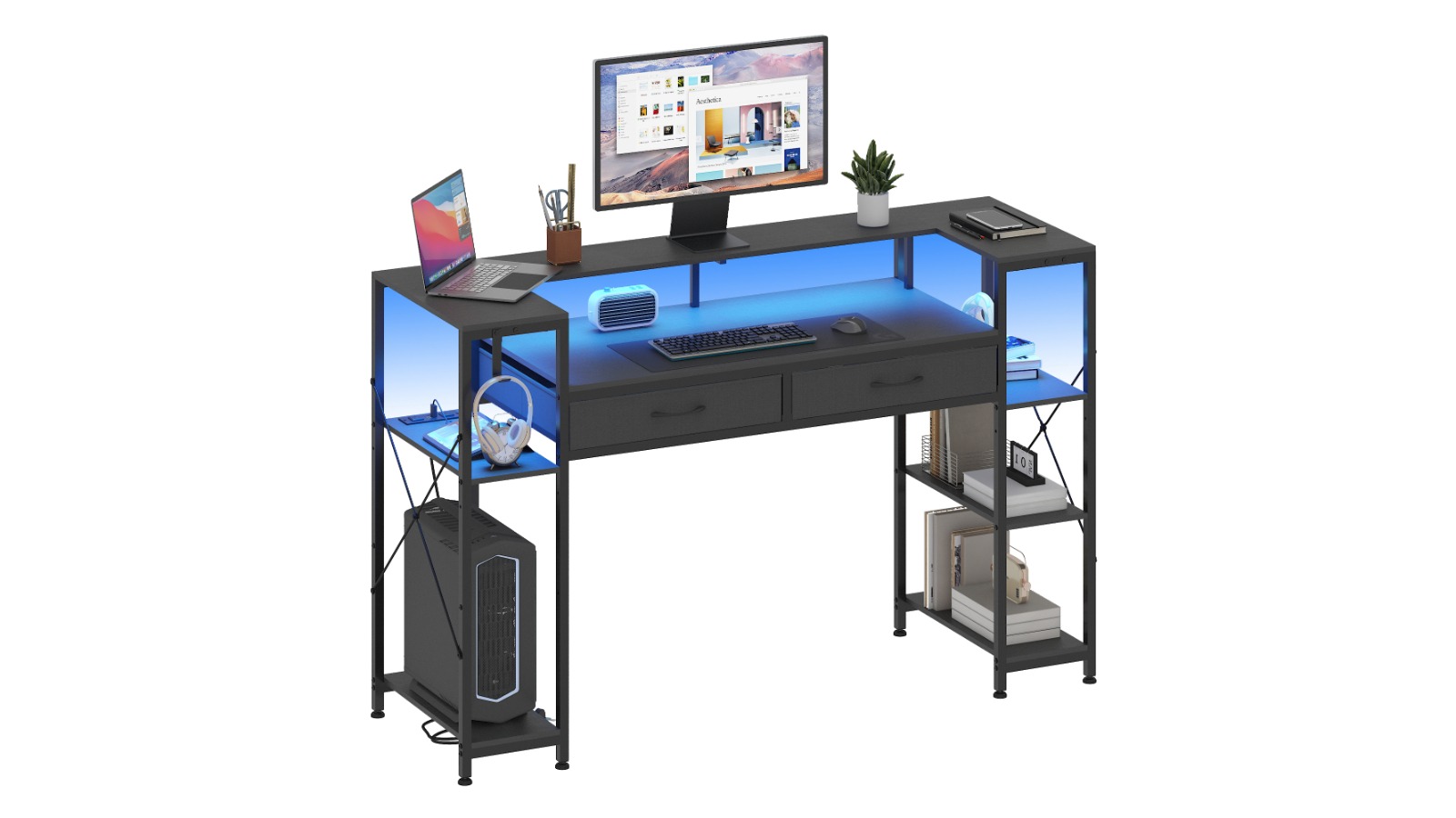 Advwin 148cm Gaming Desk with LED Lights Power Outlets and Drawer - Black