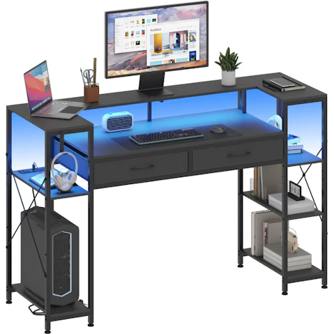 Advwin 148cm Gaming Desk with LED Lights Power Outlets and Drawer - Black