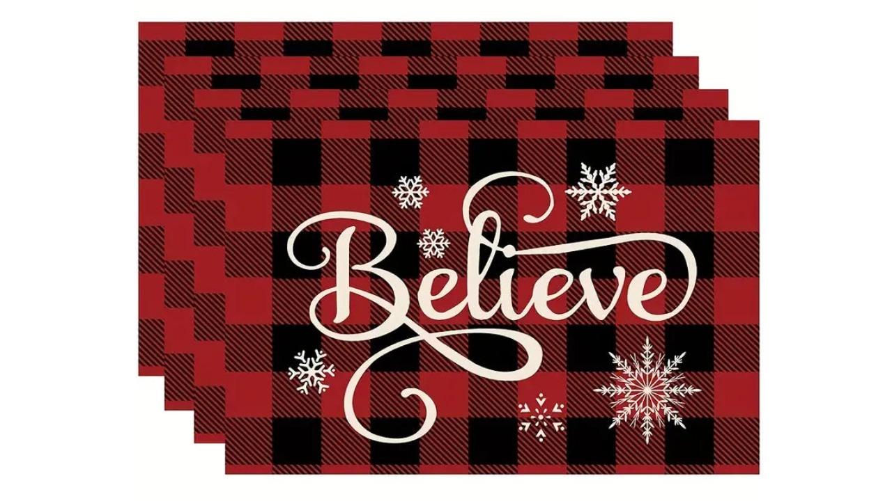 NNETM Set of 4 Plaid Christmas Polyester Placemat - Red/Black
