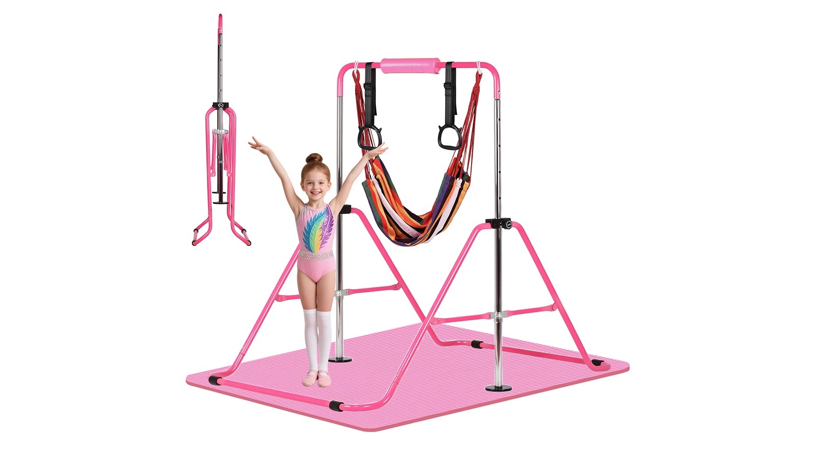 Advwin Gymnastic Bar for Kids with Mat, Ring, and Swing - Pink