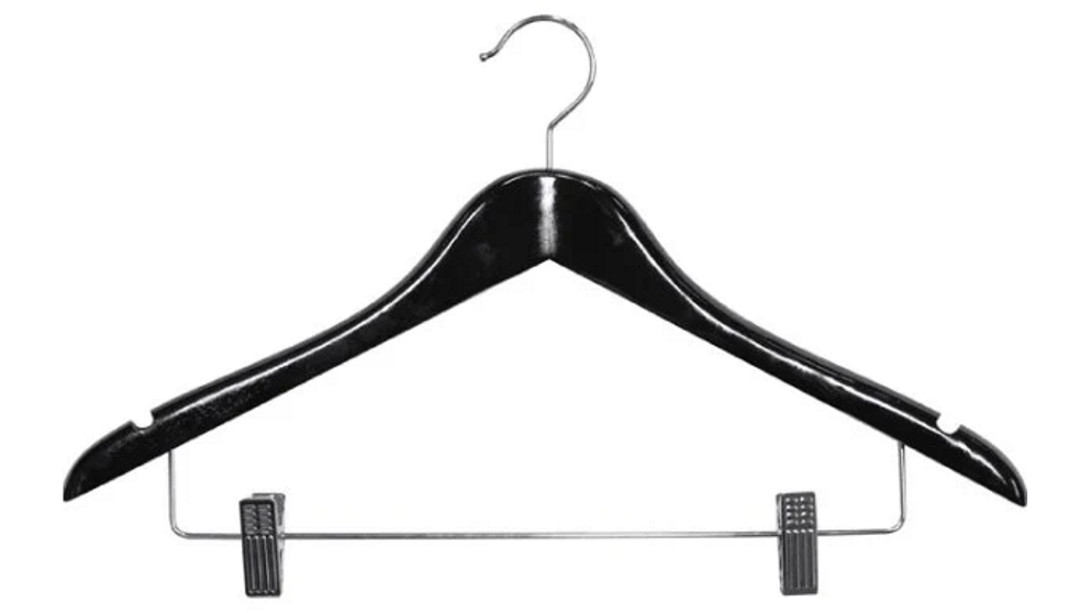 Compass Pack of 100 Black Wood Standard Hook Clothes Coat Hanger with Clips