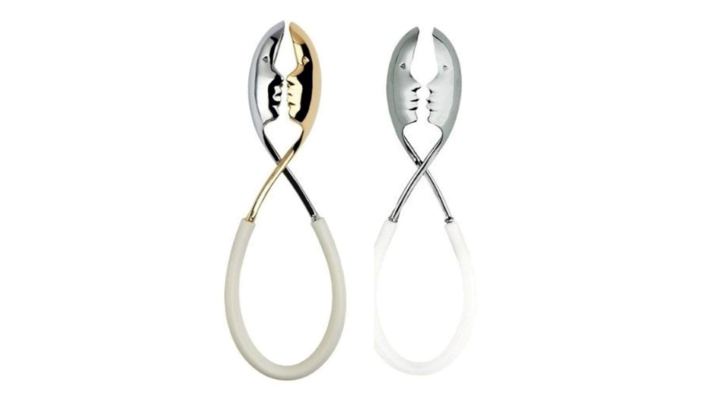 Bugatti Italy 2 Piece Kiss Salad Tongs Set - White/Gold/Chrome
