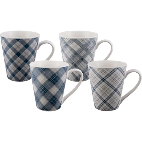 Bundanoon 400ml New Bone China Coffee & Tea Mugs Set of 4 - Tartan Blues