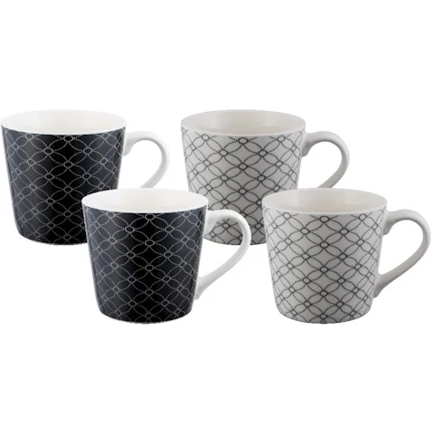 Bundanoon 400ml New Bone China Coffee & Tea Mugs Set of 4 - Mono Geometrics
