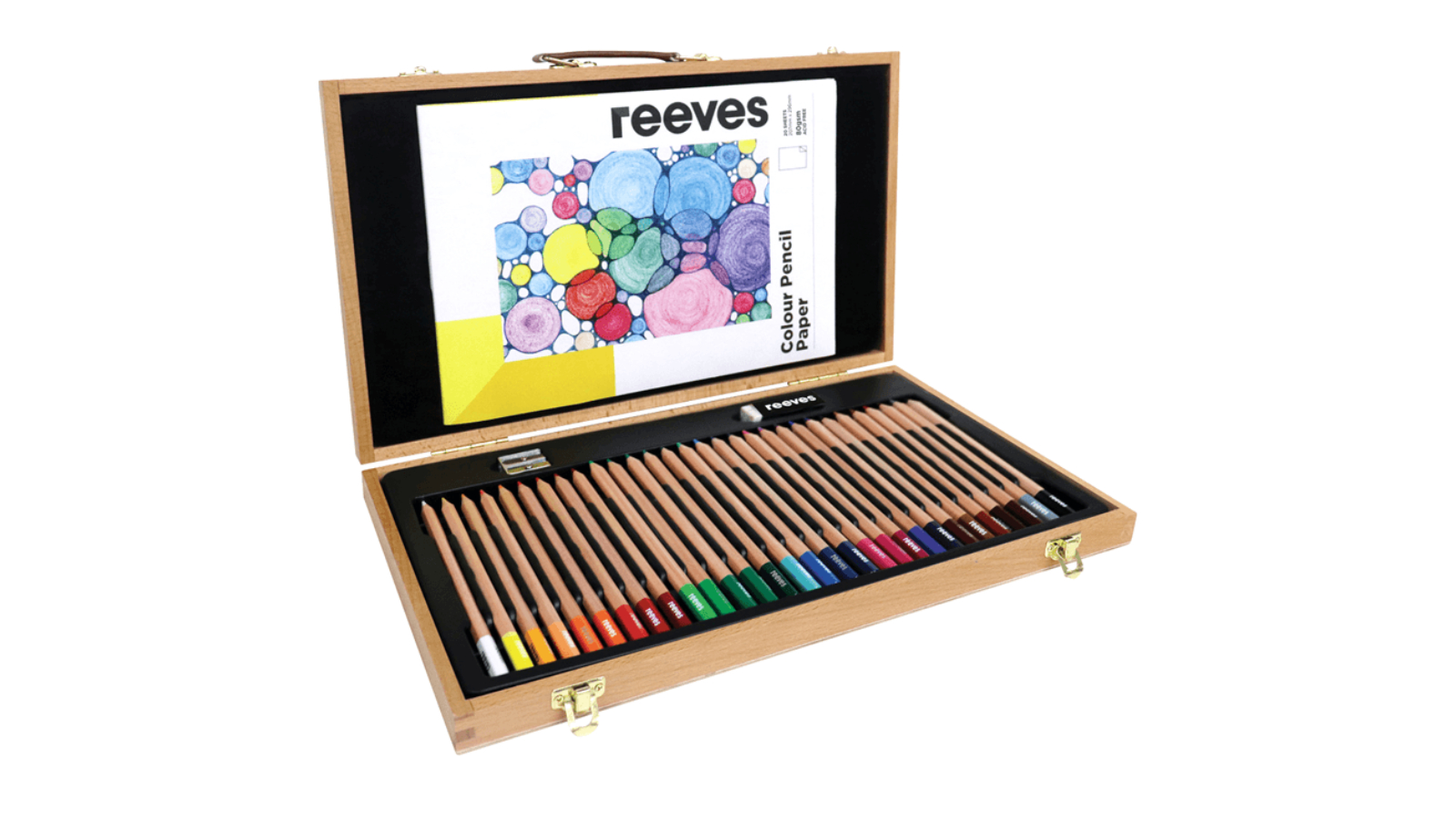 Reeves Set of 34 Coloured Pencil Pad Eraser Sharpener Wooden Box