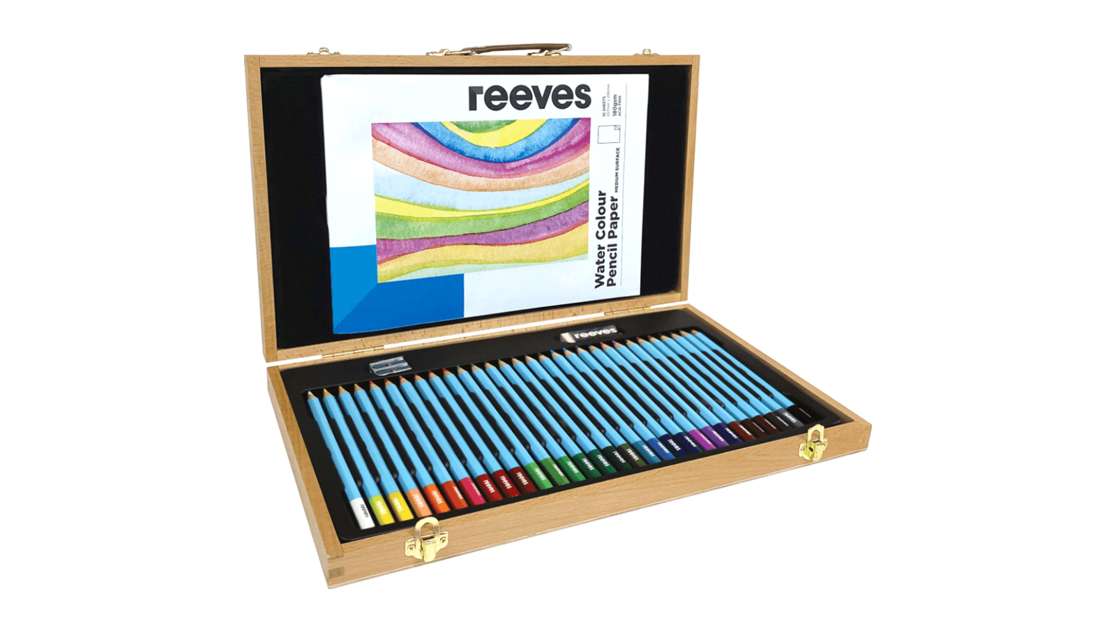 Reeves Set of 34 Watercolour Coloured Pencil Pad Eraser Sharpener Wooden Box