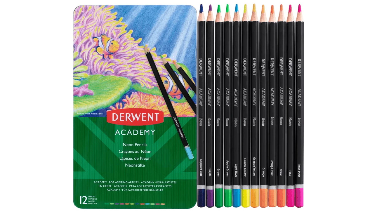 Derwent Academy 12 Neon Coloured Pencils Tin Set