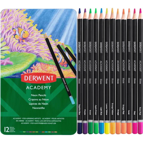 Derwent Academy 12 Neon Coloured Pencils Tin Set