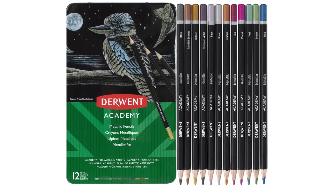 Derwent Academy 12 Metallic Coloured Pencils Tin Set