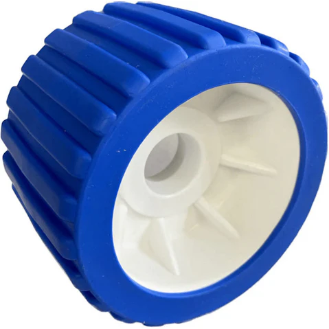SuperOffice 4-inch Boat Trailer Wobble Roller Ribbed 2.2cm Bore Hole with 3-inch Wide Rollers - Blue/White
