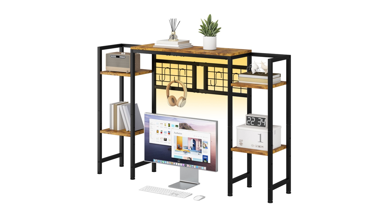 Advwin Desk Bookshelf with Pegboard Hooks Set - Rustic Brown