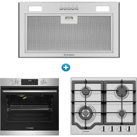 Westinghouse 600mm Multi-Function 8 Electric Oven with AirFry with 4 Burner Gas Cooktop and Integrated Rangehood