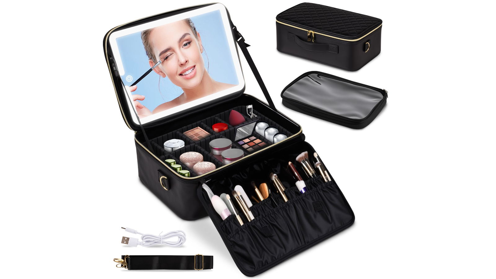 Advwin Travel Makeup Bag with LED Mirror - Black