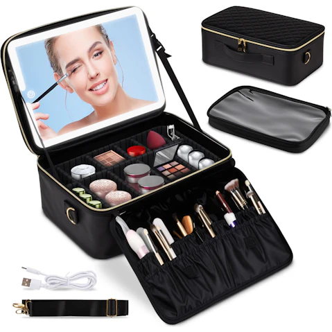 Advwin Travel Makeup Bag with LED Mirror - Black