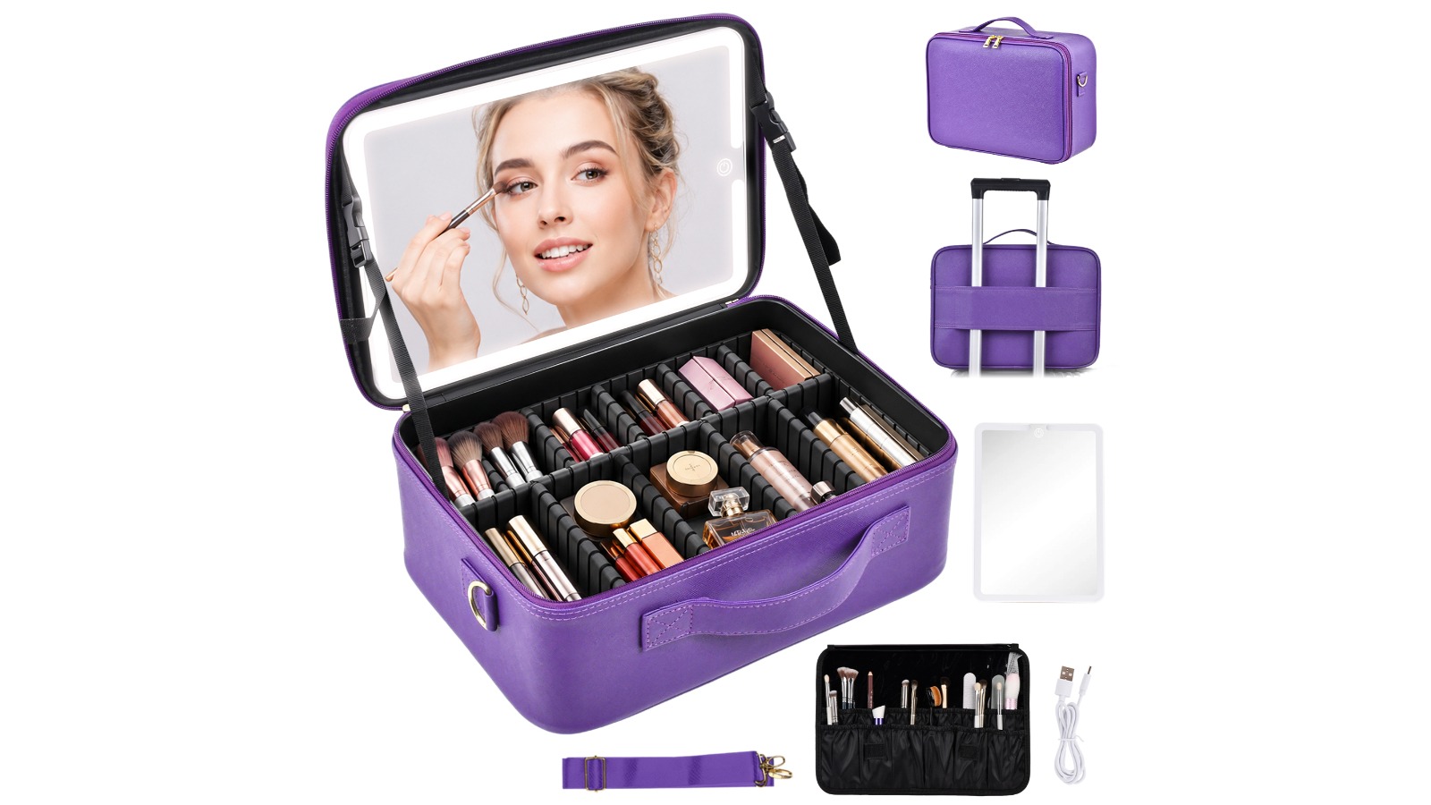 Advwin 15inch Portable Makeup Case with LED Light Mirror - Purple