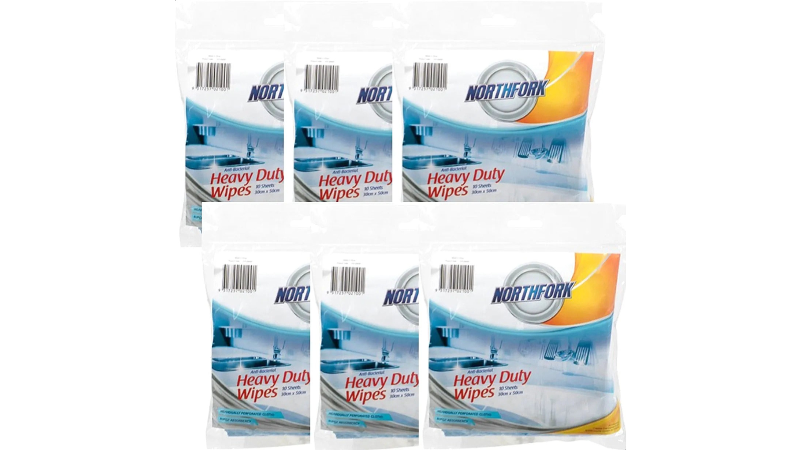 Northfork Pack of 6 Blue Antibacterial Heavy Duty Perforated Wipes