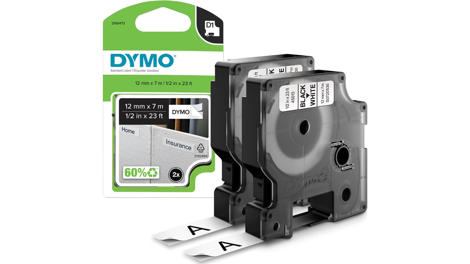 Dymo Pack of 2 Black/White D1 Tape Label Manager - 1.2 x 700cm