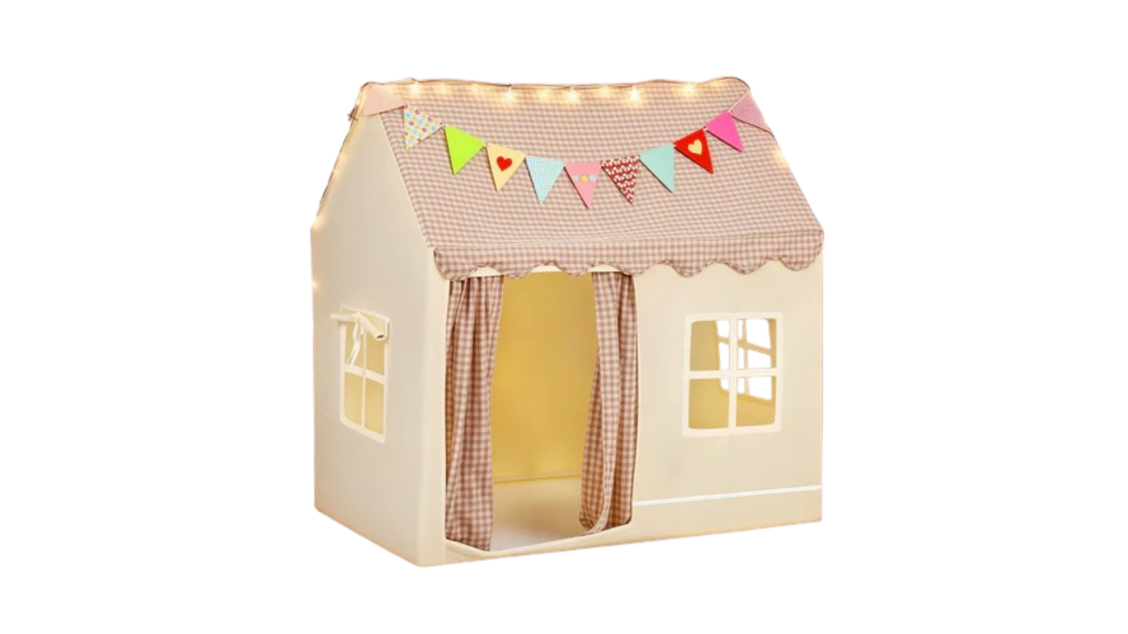 Advwin Beige Kids Play Tent with Star String Light and Flag Banner