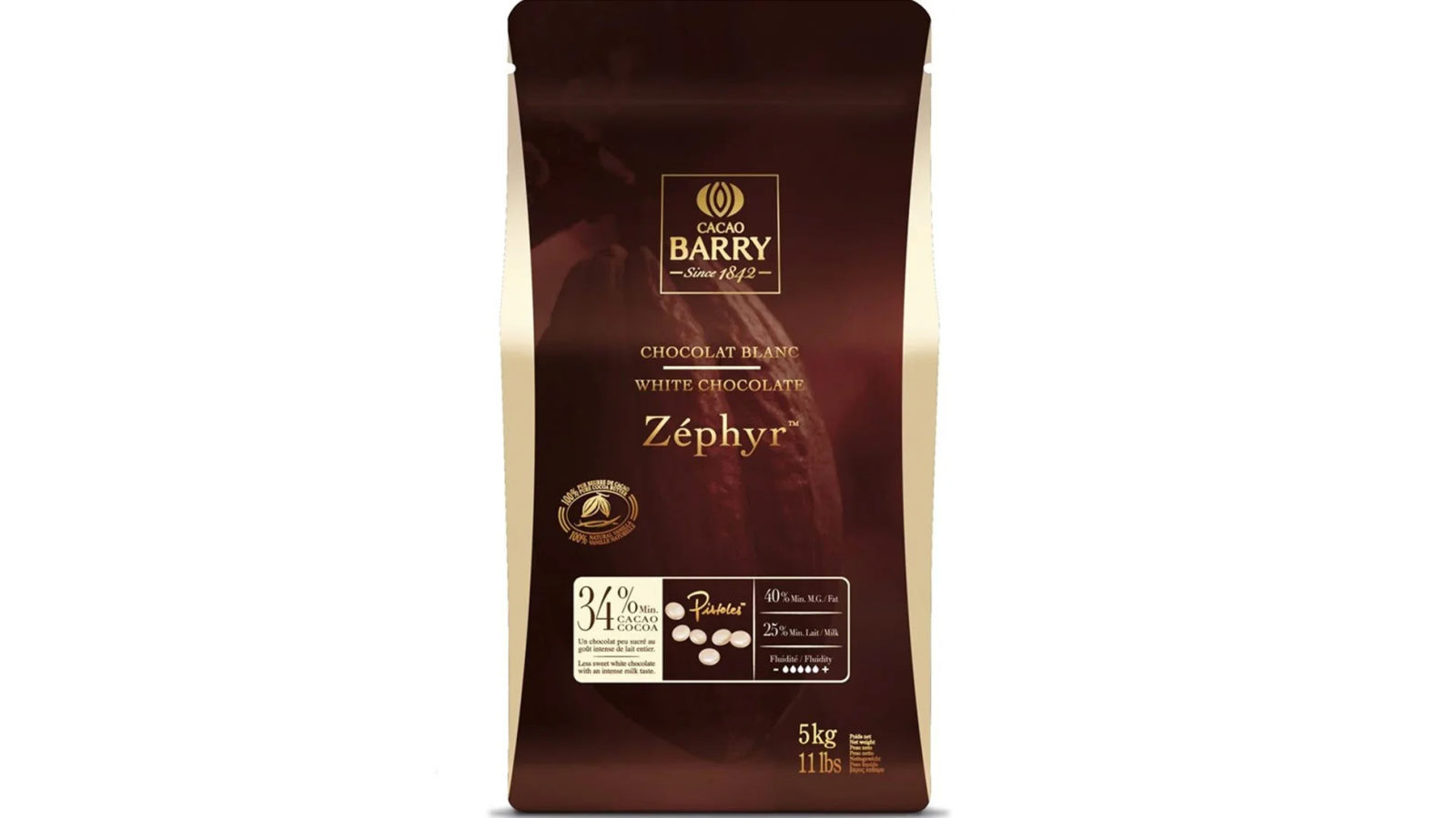 Cacao Barry 5kg White Zephyr Couverture White Chocolate 30 Percent Pistols