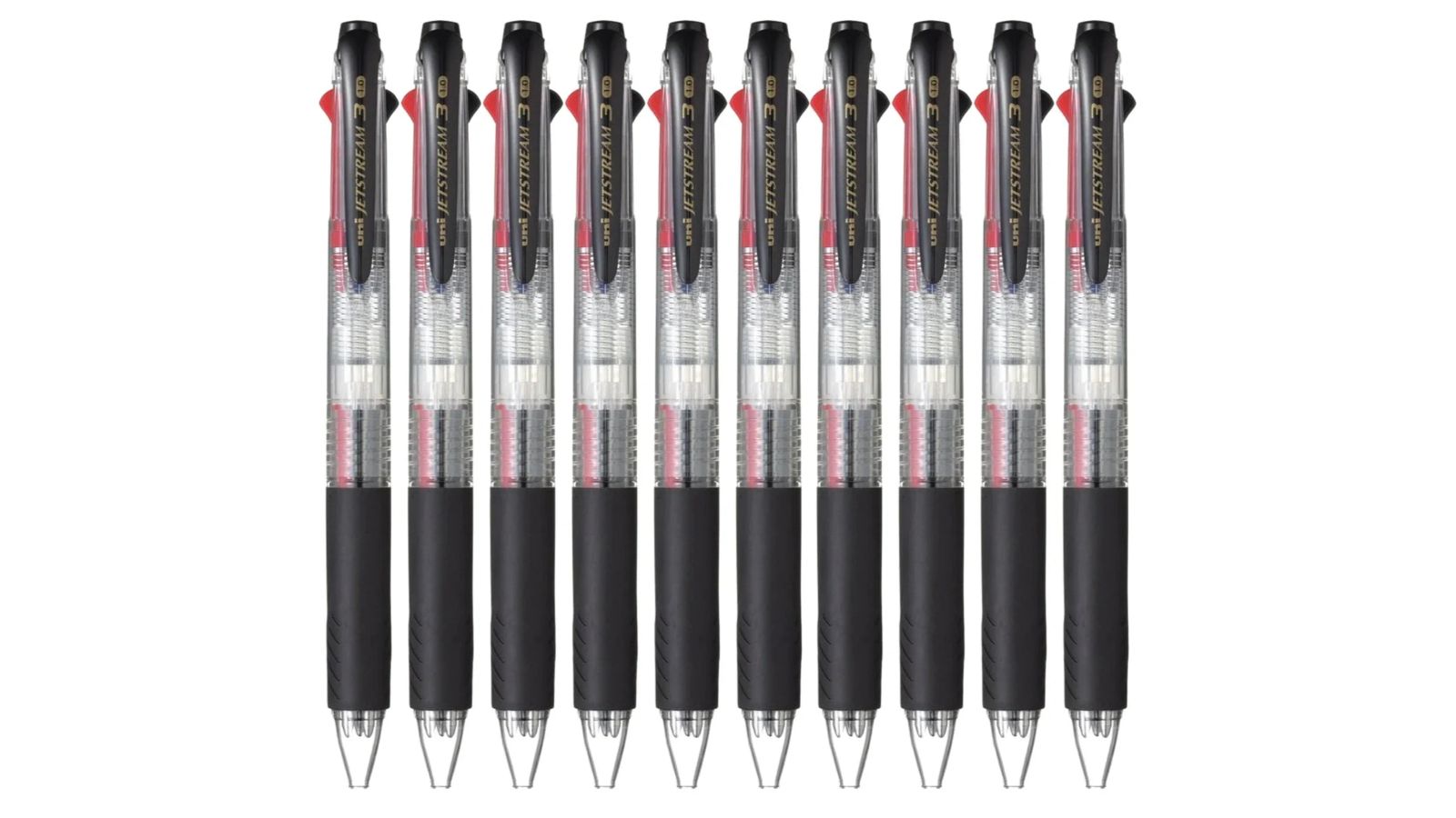 Uni-Ball Pack of 10 JetStream Transparent Barrel 3-Colour Rollerball Pen