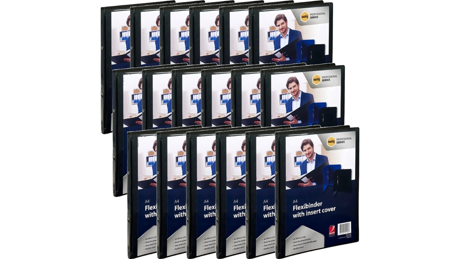 Marbig Pack of 18 2cm A4  Flexibinder 2-Ring Clear Cover - Black