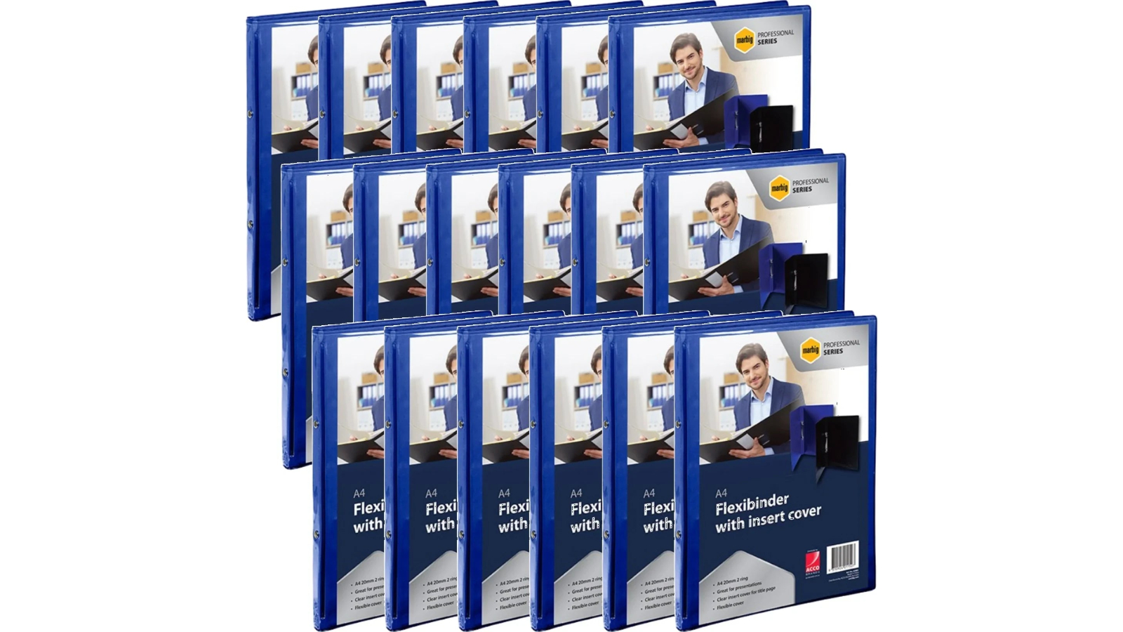 Marbig Pack of 18 2cm A4  Flexibinder 2-Ring Clear Cover - Blue