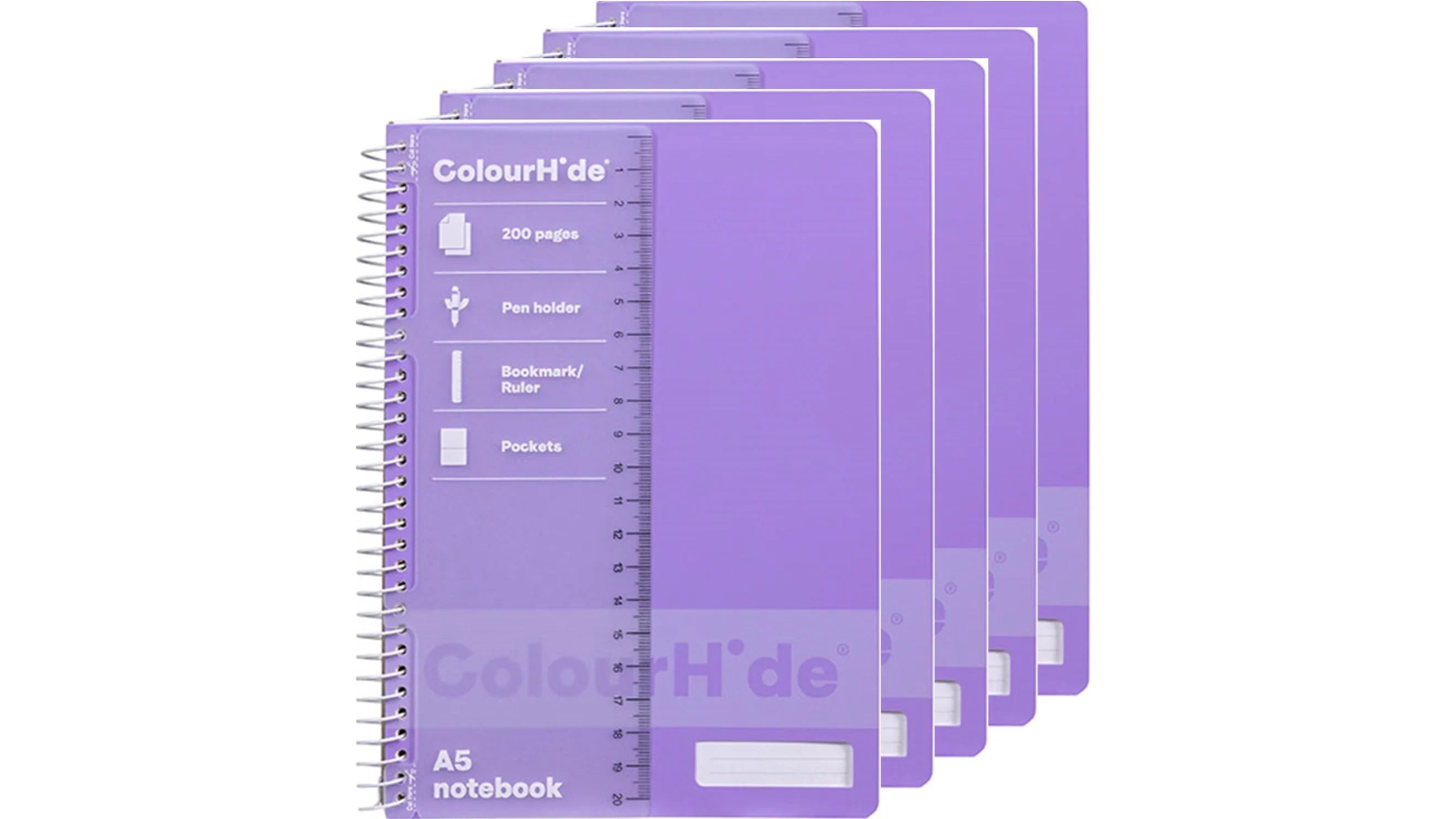 ColourHide Pack of 5 200 Pages A5 Spiral Notebook - Purple