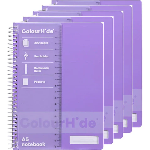 ColourHide Pack of 5 200 Pages A5 Spiral Notebook - Purple