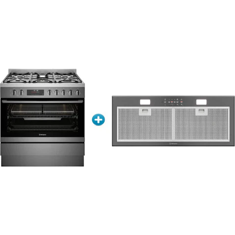 Westinghouse 900mm Dual Fuel Pyrolytic Freestanding Oven with AirFry plus Integrated Rangehood Package