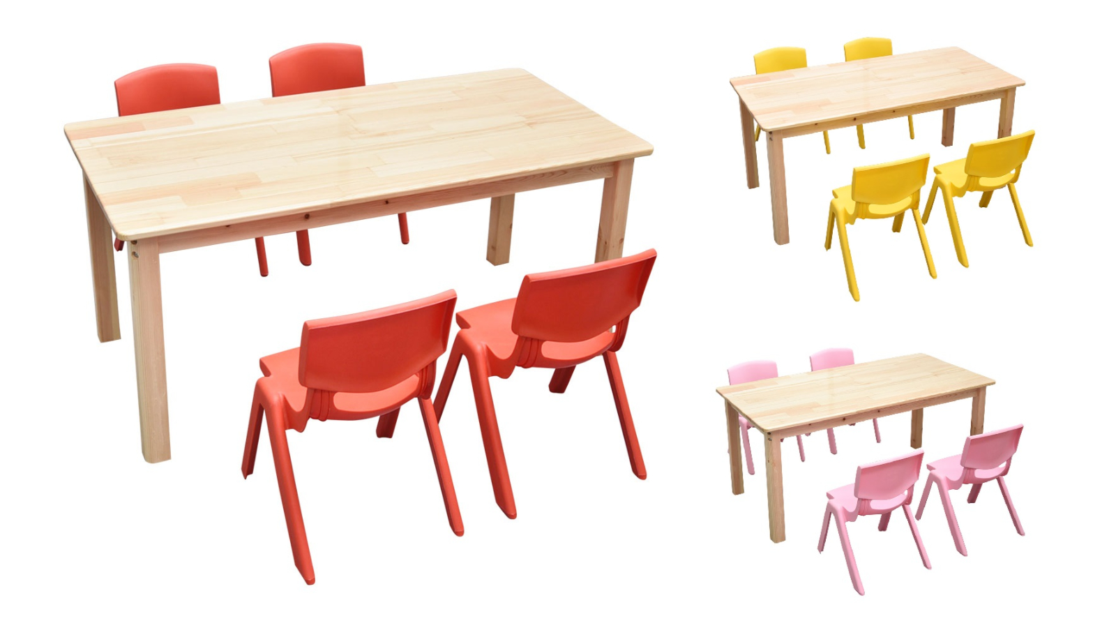 HelloDeal 120 x 60cm Pinewood Kids Study Table and 4 Piece Plastic Chair Set