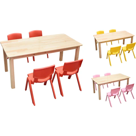 HelloDeal 120 x 60cm Pinewood Kids Study Table and 4 Piece Plastic Chair Set