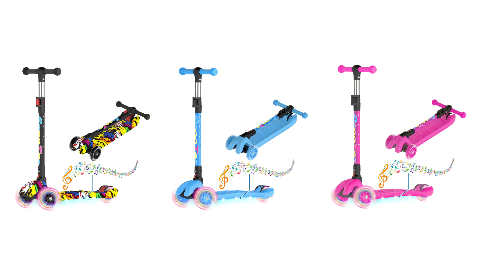 Advwin Kids Scooter Folding 4 Adjustable Height Light Up Wheel with Music