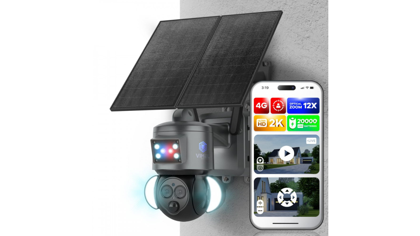 Vimel 360 View Solar 2K 4G Security Dual Camera with 24/7 Continuous Recording