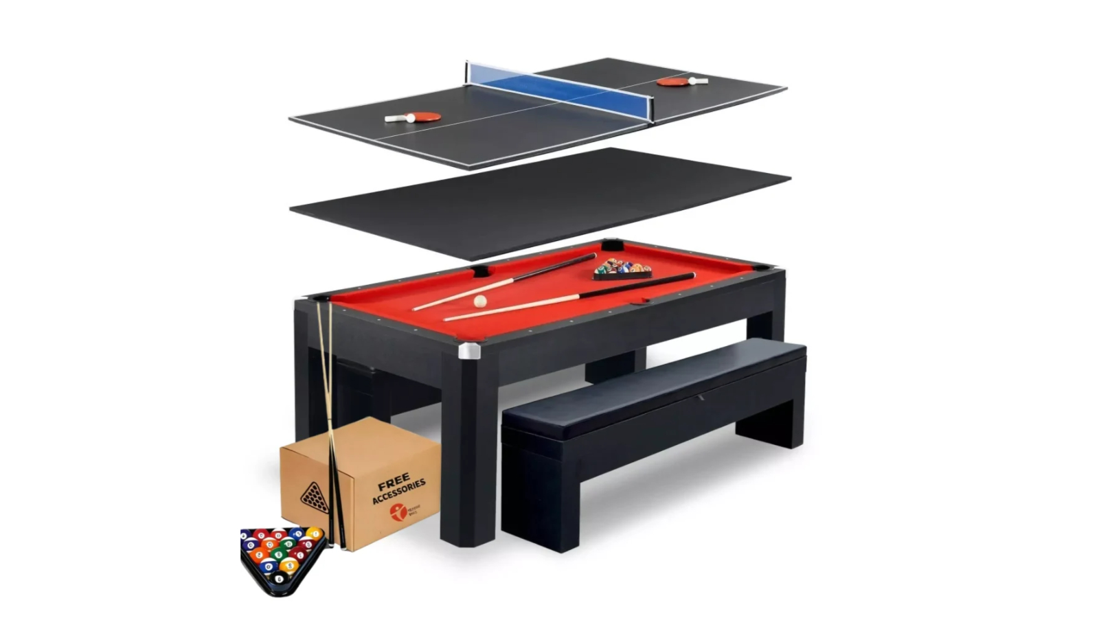 TopOne Sports 3-in-1 Majestic MDF Pool Table/Dining/Table Tennis Combo with Bench - 7ft