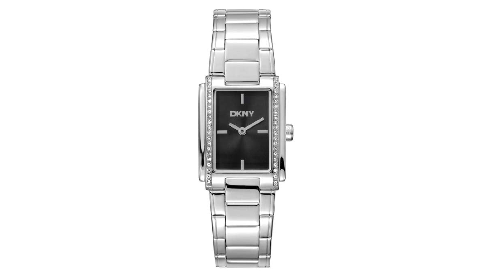DKNY Womens Evening Silver Rectangle Stainless Steel Watch with Black Dial and Crystal Encrusted Bezel
