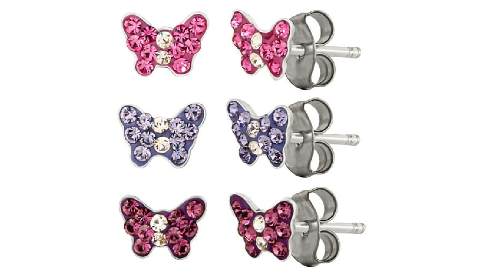 Sterling Silver 3 Pairs Crystal Butterfly Stud Earrings