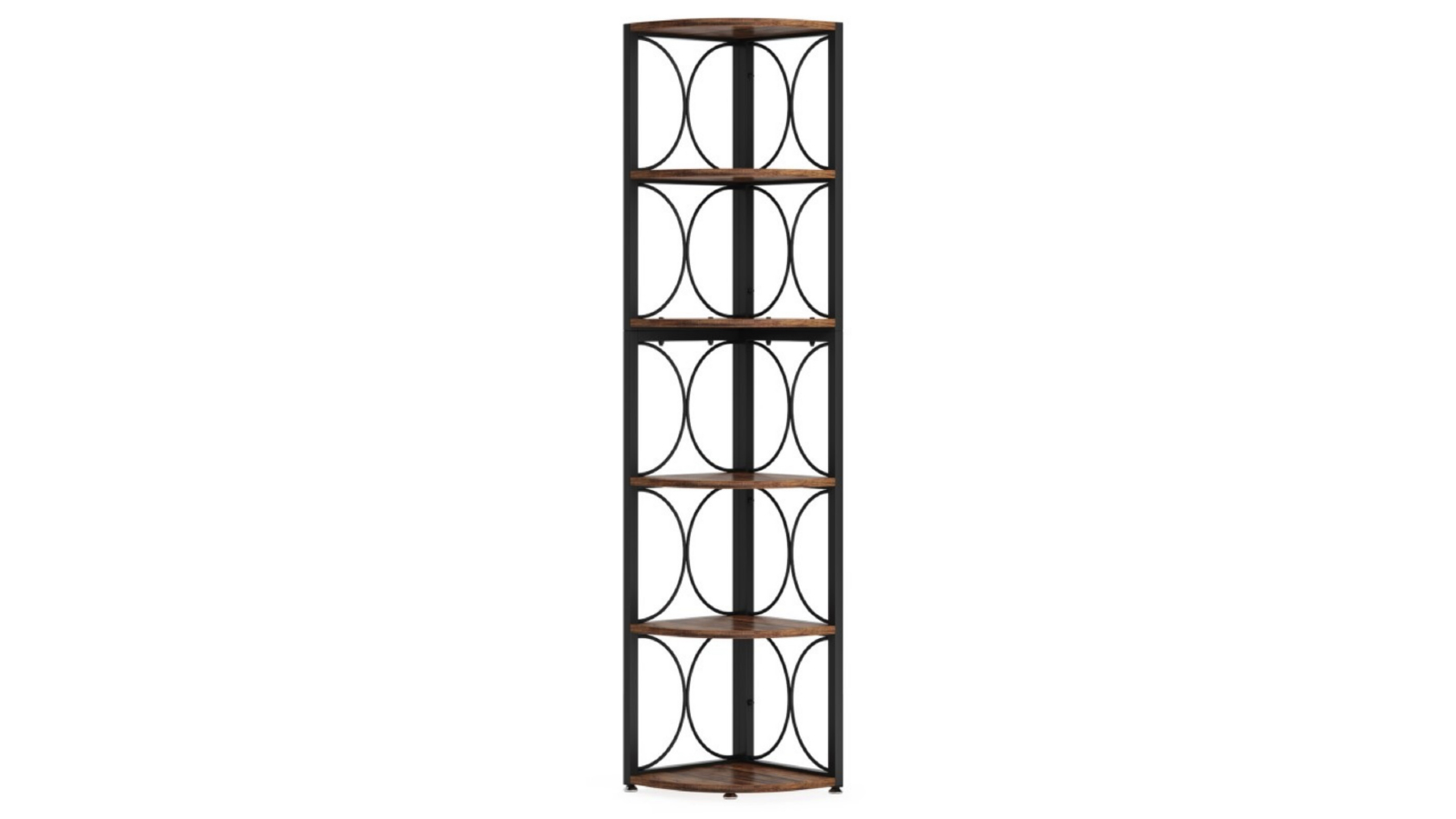 Oakory 6 Tier Corner Shelf with Rustic Finish and Metal Frame