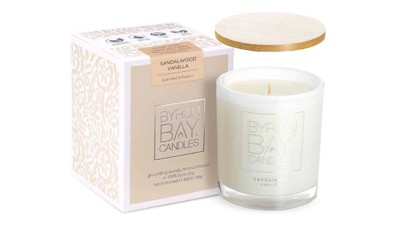 Byron Bay Candles Sandalwood Vanilla Scented Soy Candle forcan 30 Hour Burn Time - 155g