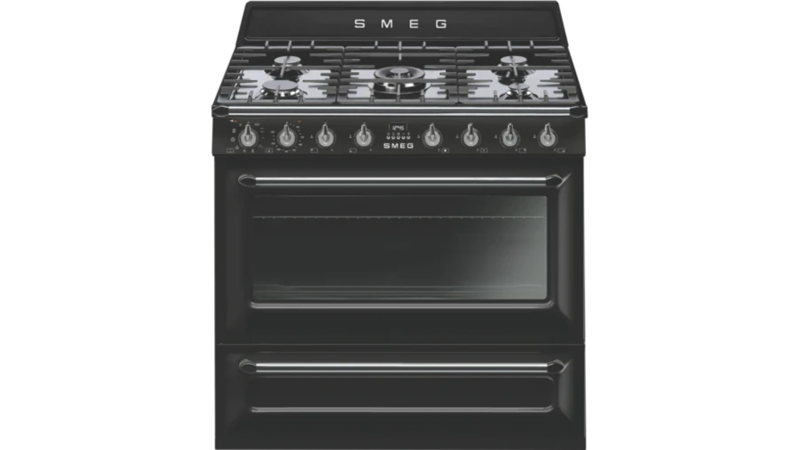 Smeg 900mm Victoria Pyrolytic Dual Fuel Freestanding Cooker Black Harvey Norman