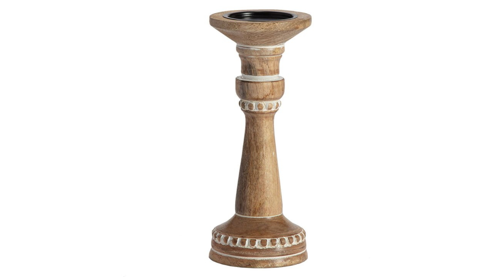 High St. Carved Mango Wood Pillar Handcrafted Candle Holder - 30cm