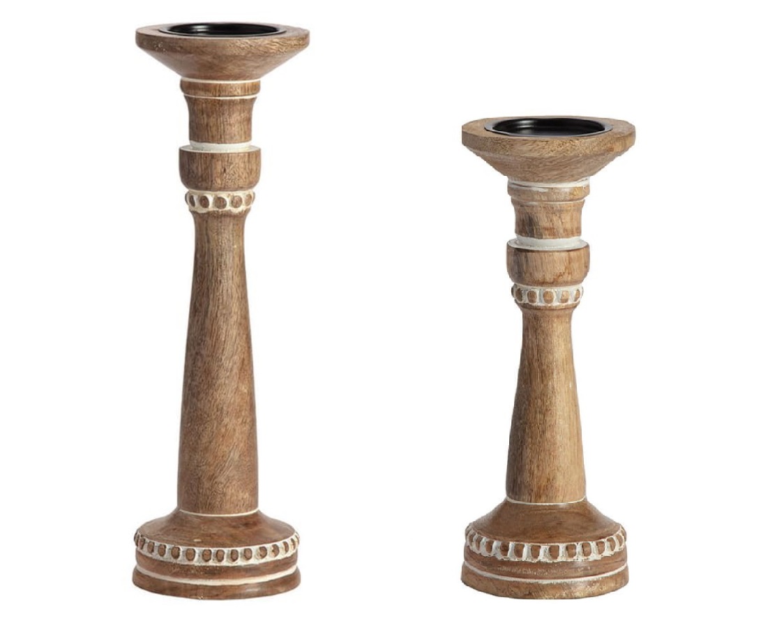 Willow & Silk Carved Mango Wood Pillar Handcrafted Candle Holder