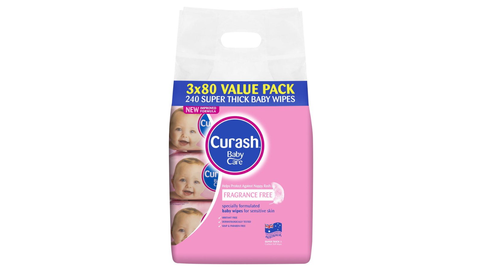 Curash 3 Piece Babycare Fragrance-Free Wipes - Pack of 80